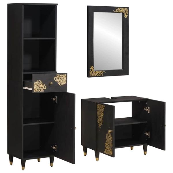 Badezimmerschrank-Set mit Tür 3 pcs Schwarz Massivholz Mango