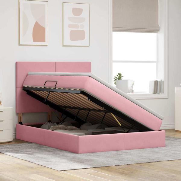 Bett mit Stauraum und LED mit Matratze Rosa 140 x 200 cm Samt