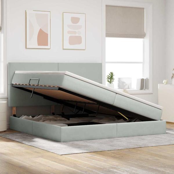 ARDEBO.de - Bett mit Stauraum und LED Hellgrau 200 x 200 cm Samt