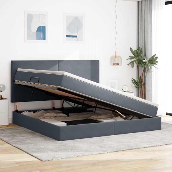 Bett mit Stauraum und LED Dunkelgrau 200 x 200 cm Samt