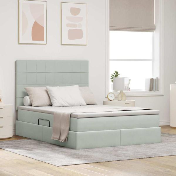 ARDEBO.de - Bett mit Stauraum und LED Hellgrau 140 x 200 cm Samt