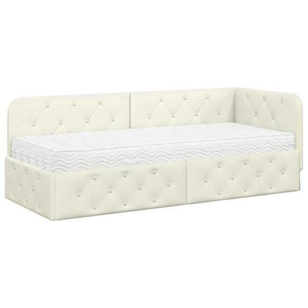 Eckbettgestell mit Matratze mit Kopfteil Creme 80 x 200 cm Samt