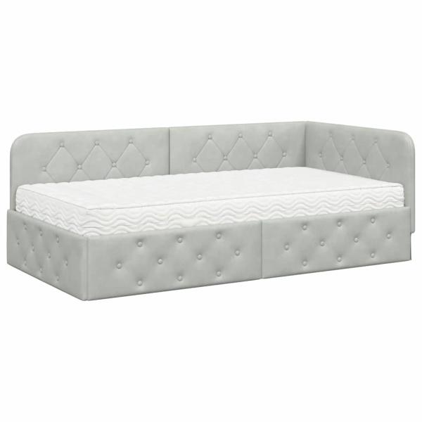 Eckbettgestell mit Matratze Hellgrau 90 x 200 cm Samt