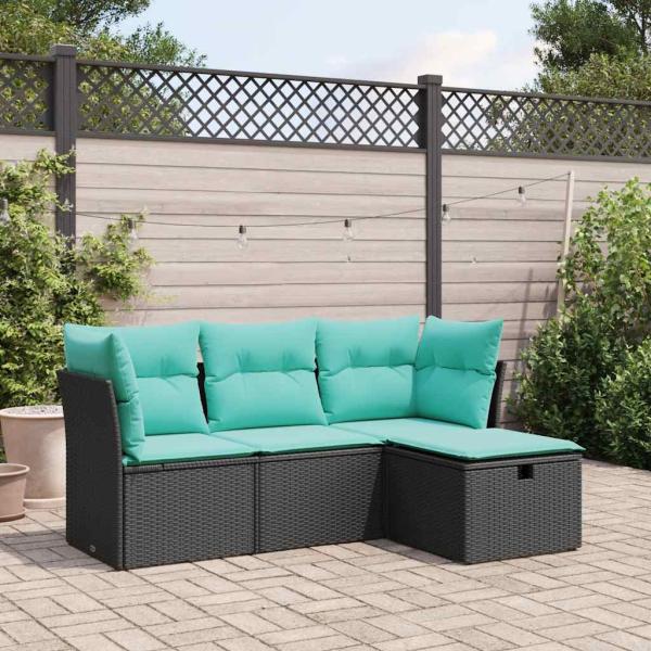 ARDEBO.de - 4-tlg. Garten-Sofagarnitur mit Kissen Schwarz Poly Rattan