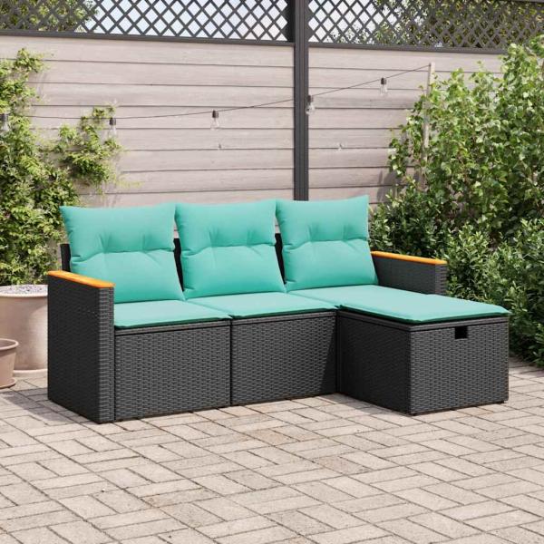 ARDEBO.de - 4-tlg. Garten-Sofagarnitur mit Kissen Schwarz Poly Rattan