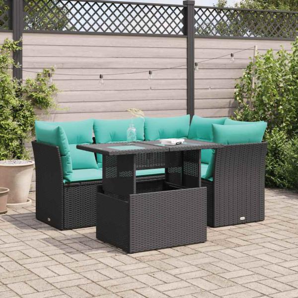 ARDEBO.de - 5tlg. Garten-Sofagarnitur mit Kissen Schwarz Poly Rattan Akazie