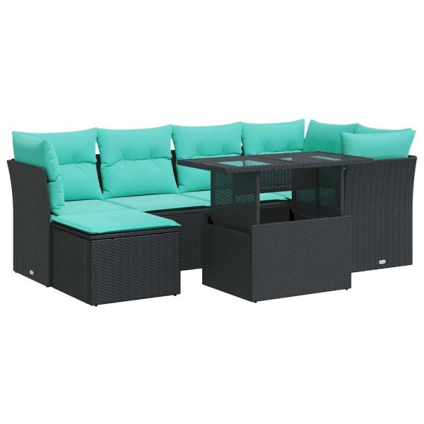 7-tlg. Garten-Sofagarnitur mit Kissen Schwarz Poly Rattan