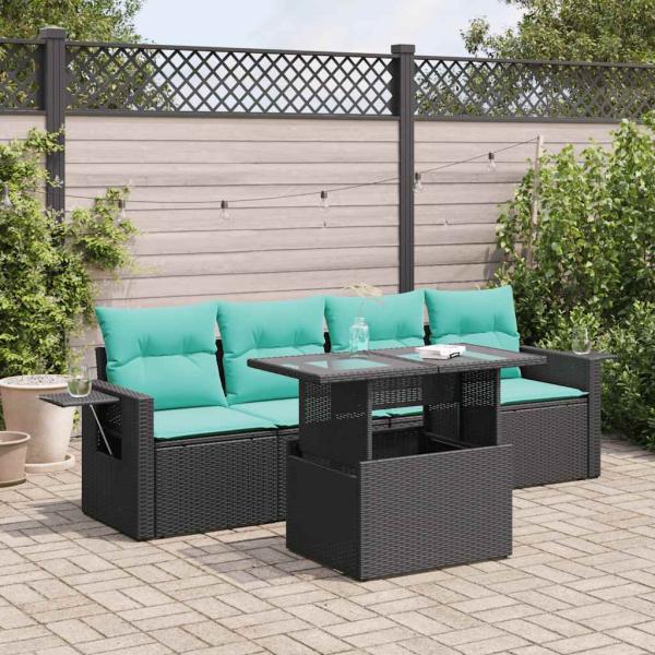 ARDEBO.de - 5-tlg. Garten-Sofagarnitur mit Kissen Schwarz Poly Rattan Akazie
