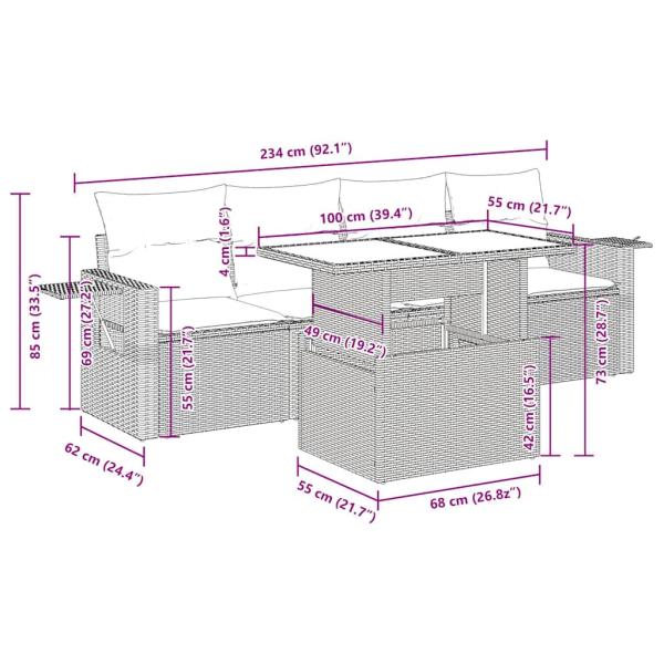 5-tlg. Garten-Sofagarnitur mit Kissen Schwarz Poly Rattan Akazie