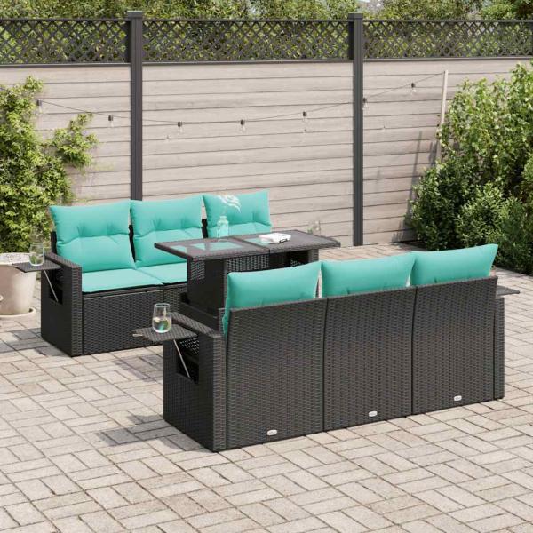 ARDEBO.de - 7-tlg. Garten-Sofagarnitur mit Kissen Schwarz Poly Rattan Akazie