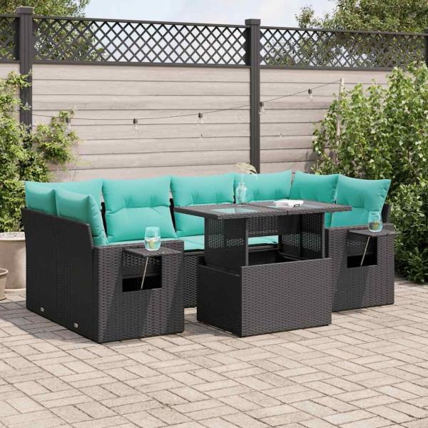 ARDEBO.de - 7-tlg. Garten-Sofagarnitur mit Kissen Schwarz Poly Rattan Akazie