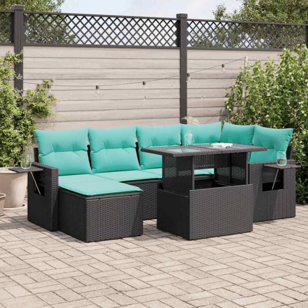 ARDEBO.de - 7-tlg. Garten-Sofagarnitur mit Kissen Schwarz Poly Rattan