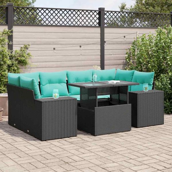 ARDEBO.de - 7-tlg. Garten-Sofagarnitur mit Kissen Schwarz Poly Rattan