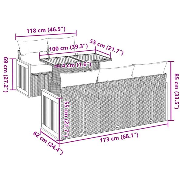 6-teiliges Gartensofa-Set mit Kissen, schwarz, Polyrattan, Akazie