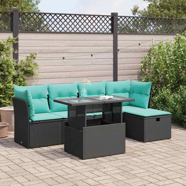 ARDEBO.de - 6-tlg. Garten-Sofagarnitur mit Kissen Schwarz Poly Rattan