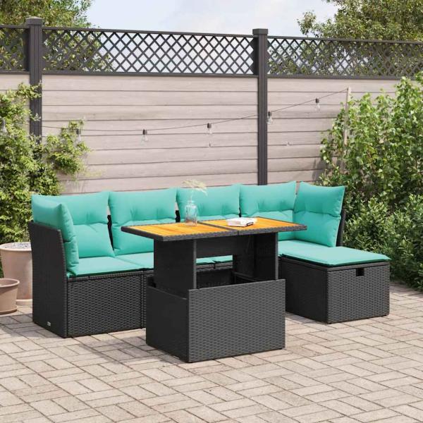 ARDEBO.de - 6-tlg. Garten-Sofagarnitur mit Kissen Schwarz Poly Rattan