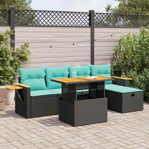 ARDEBO.de - 6-tlg. Garten-Sofagarnitur mit Kissen Schwarz Poly Rattan