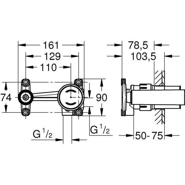 GROHE Eurodisc Joystick Unterputz-Einbaukörper, DN 15, für 2-Loch-Waschtischbatterien, Wandeinbau (23429000)