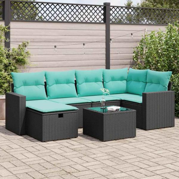 ARDEBO.de - 7-tlg. Garten-Sofagarnitur mit Kissen Schwarz Poly Rattan