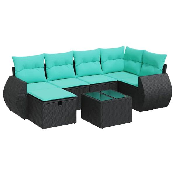 7-tlg. Garten-Sofagarnitur mit Kissen Schwarz Poly Rattan