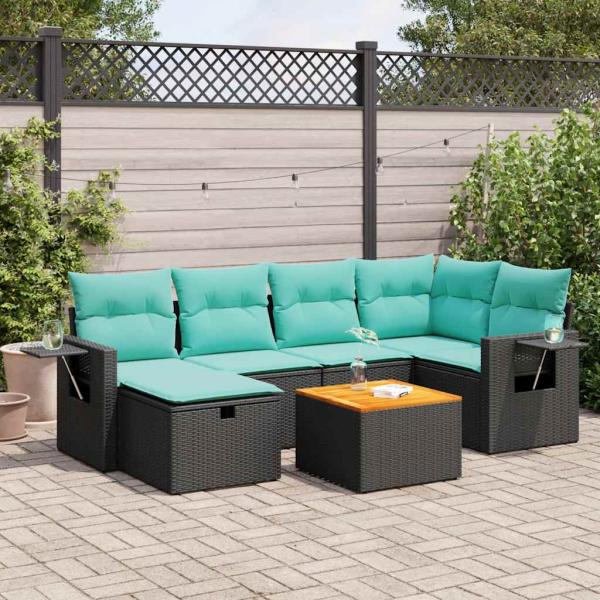 ARDEBO.de - 7-tlg. Garten-Sofagarnitur mit Kissen Schwarz Poly Rattan