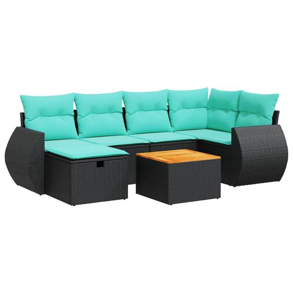 7-tlg. Garten-Sofagarnitur mit Kissen Schwarz Poly Rattan