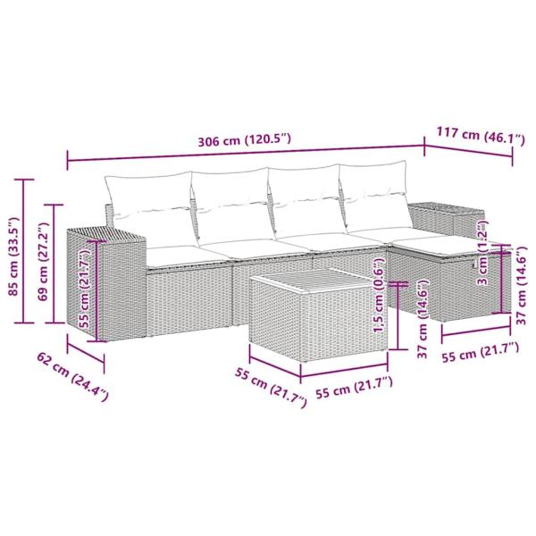 6-tlg. Garten-Sofagarnitur mit Kissen Schwarz Poly Rattan