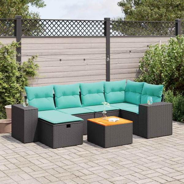 ARDEBO.de - 7-tlg. Garten-Sofagarnitur mit Kissen Schwarz Poly Rattan