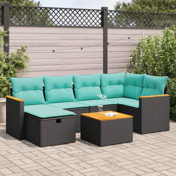 ARDEBO.de - 7-tlg. Garten-Sofagarnitur mit Kissen Schwarz Poly Rattan