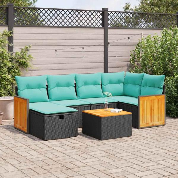 ARDEBO.de - 7-tlg. Garten-Sofagarnitur mit Kissen Schwarz Poly Rattan