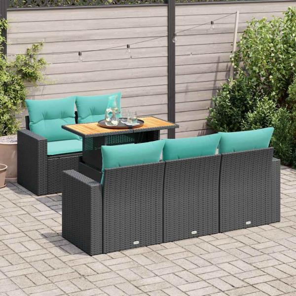 ARDEBO.de - 6-tlg. Garten-Sofagarnitur mit Kissen Schwarz Poly Rattan