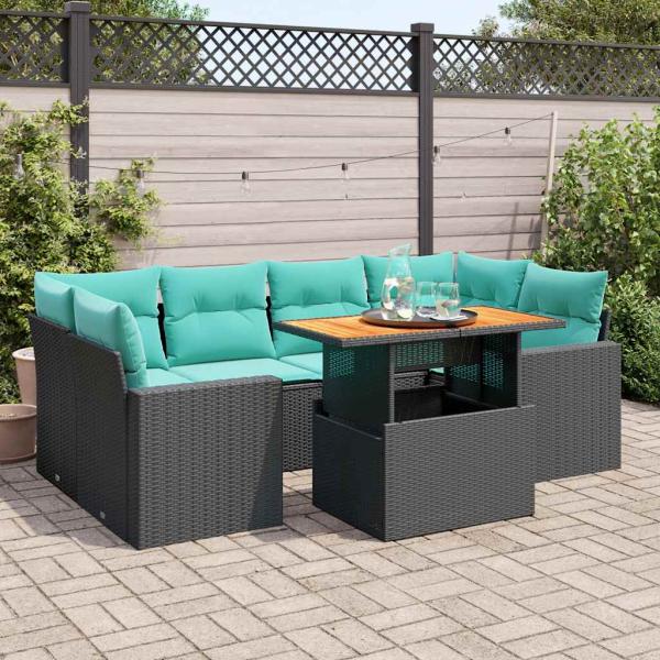 ARDEBO.de - 7-tlg. Garten-Sofagarnitur mit Kissen Schwarz Poly Rattan
