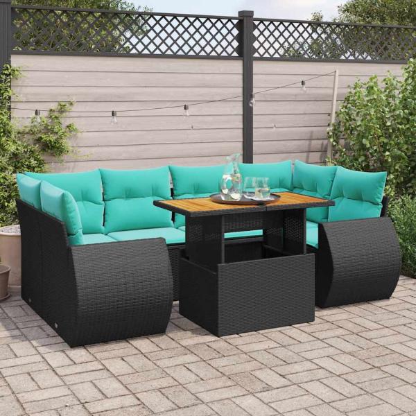 ARDEBO.de - 7-tlg. Garten-Sofagarnitur mit Kissen Schwarz Poly Rattan