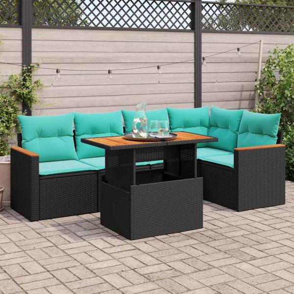 ARDEBO.de - 6-tlg. Garten-Sofagarnitur mit Kissen Schwarz Poly Rattan