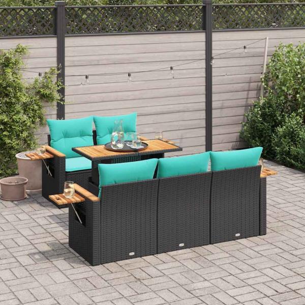 ARDEBO.de - 6-tlg. Garten-Sofagarnitur mit Kissen Schwarz Poly Rattan
