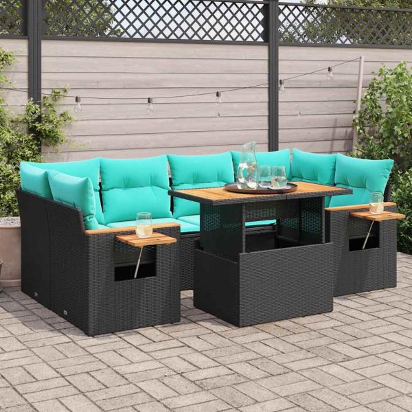 ARDEBO.de - 7-tlg. Garten-Sofagarnitur mit Kissen Schwarz Poly Rattan