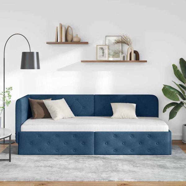 Eckbettgestell mit Kopfteil Blau 80 x 200 cm Stoff