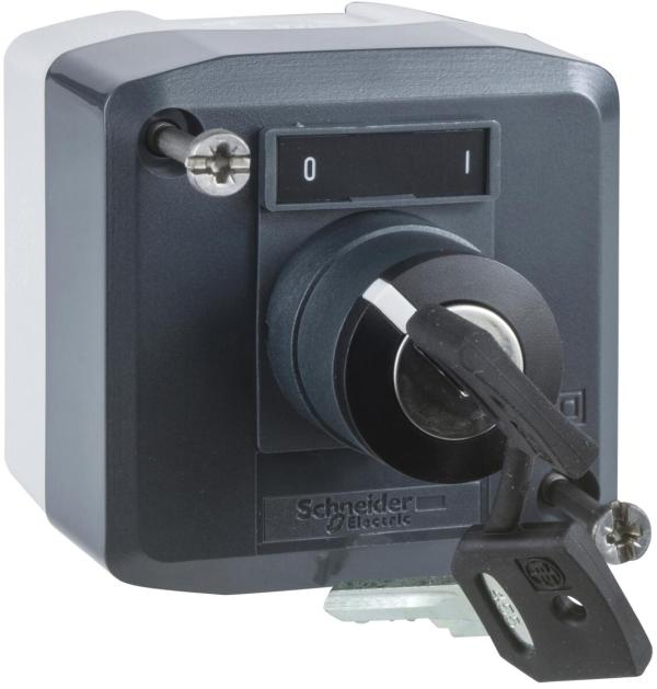 ARDEBO.de Schneider Electric XALD144 Aufbaugehäuse, Harmony XALD, Kunststoff, dunkelgrau, 1 Schlüsselwahlschalter, O-I, 22mm, 1Schließer