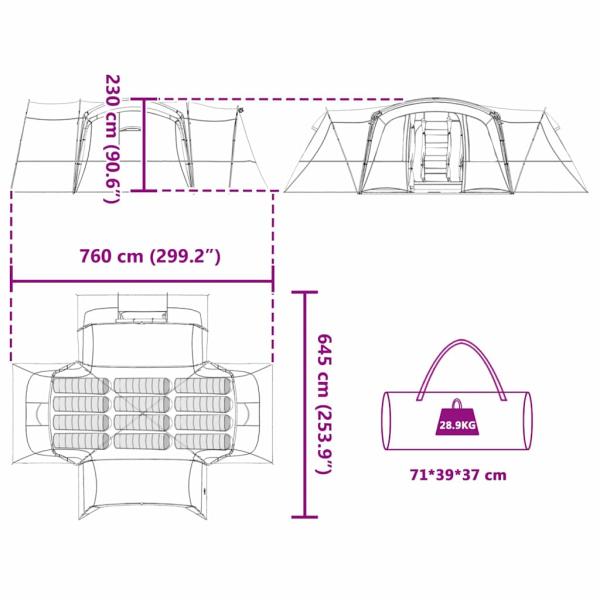 Familienzelt mit Dach Blau und Grau 760 x 645 x 230 cm