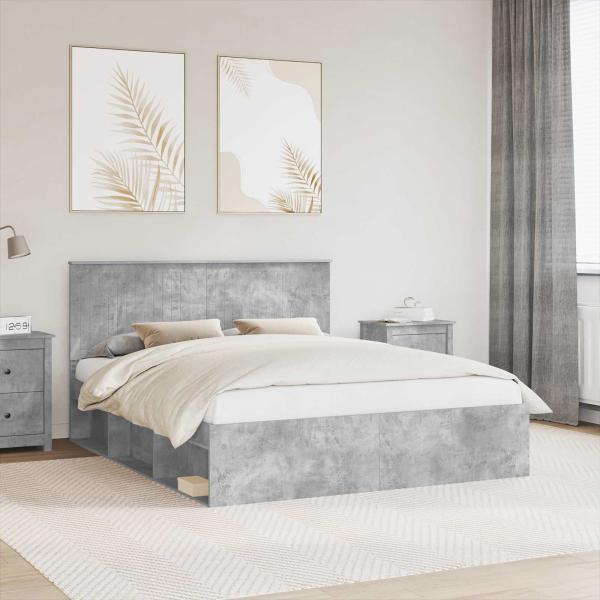 ARDEBO.de - Bettrahmen mit Kopfteil Beton 160 x 200 cm Massives Kiefernholz