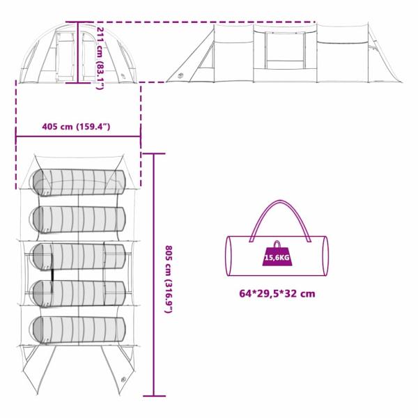 Tunnelzelt mit Dach Blau und Grau 778 x 356 x 210 cm