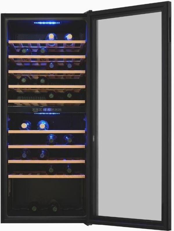 Exquisit WS2-114-GTE-160G Weinkühlschrank, 55,2 cm breit, 114 Standardweinflaschen, 2 Kühlzonen, LED Licht, Kindersicherung, schwarz