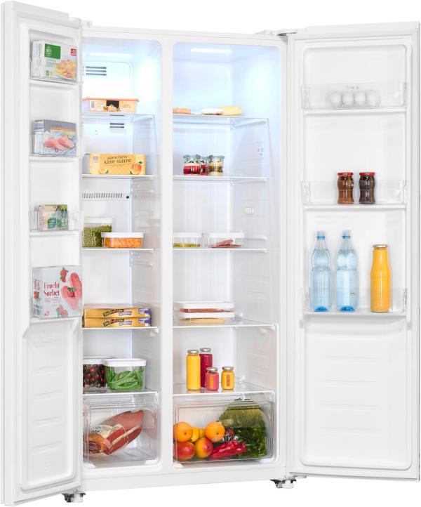 Exquisit SBS46-040E Stand Side-by-Side Kombination, 91 cm breit, 442 L, NoFrost, LED Beleuchtung, Temperaturregelung, Umluftventilator, Schnellkühlen und Schnellgefrieren, weiß