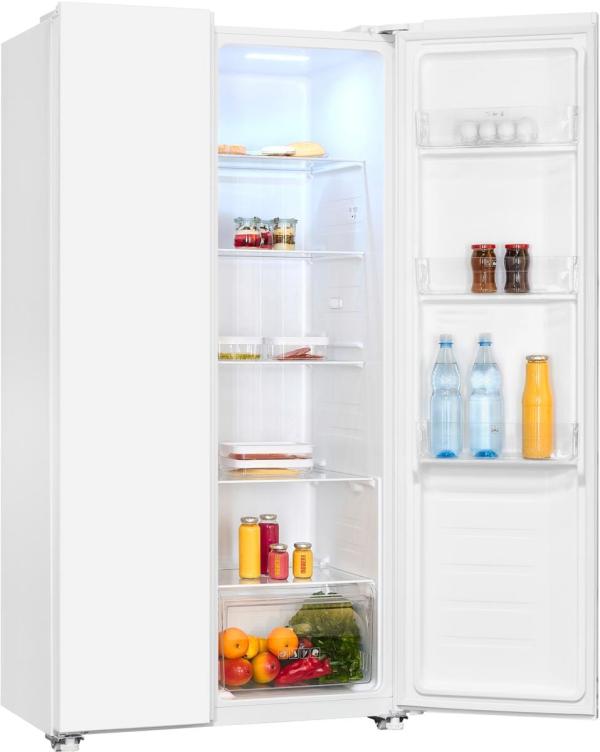 Exquisit SBS46-040E Stand Side-by-Side Kombination, 91 cm breit, 442 L, NoFrost, LED Beleuchtung, Temperaturregelung, Umluftventilator, Schnellkühlen und Schnellgefrieren, weiß