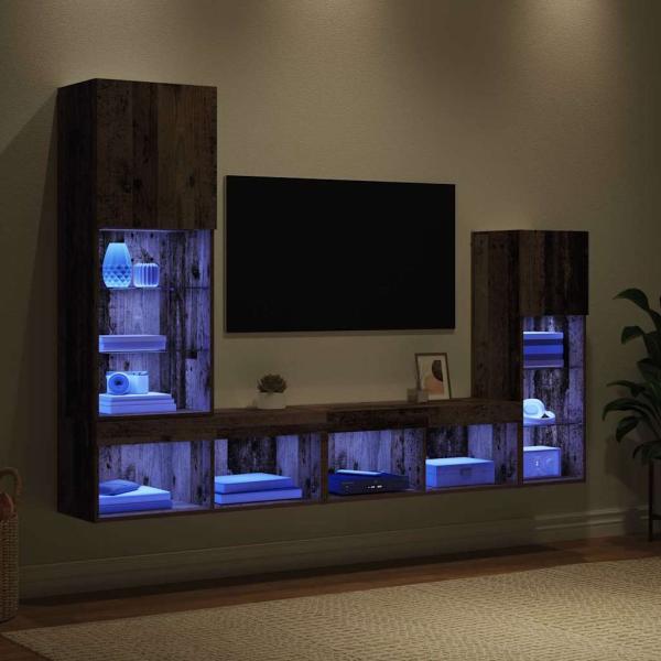 TV-Wandgeräte mit LED-Lichtleisten 4 pcs Altholz Holzwerkstoff