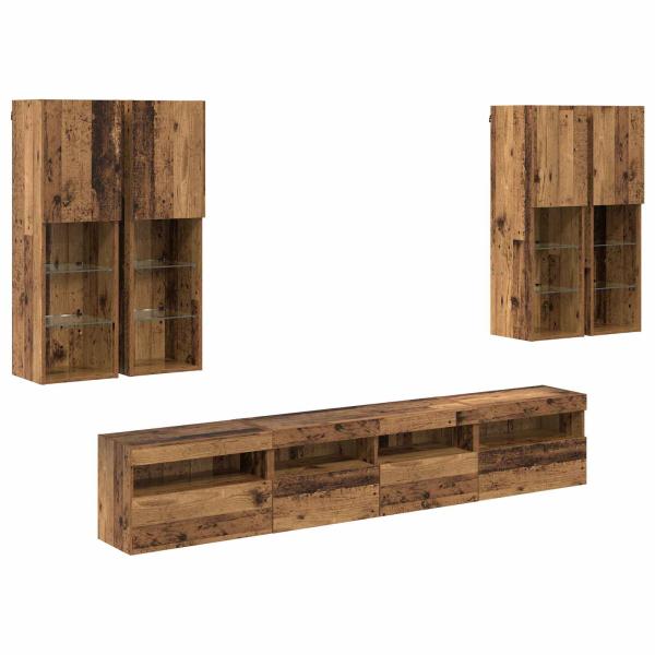 TV-Wandschrank-Set mit LED-Lichtern Wandmontiert 7 pcs Altholz
