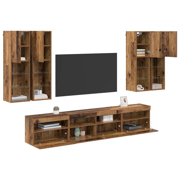 TV-Wandschrank-Set mit LED-Lichtern Wandmontiert 7 pcs Altholz