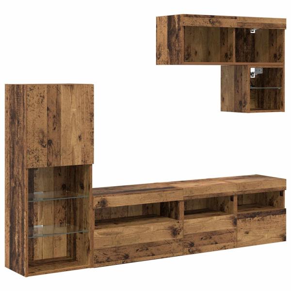 TV-Wandgeräte mit LED-Lichtleisten 6 pcs Altholz Holzwerkstoff