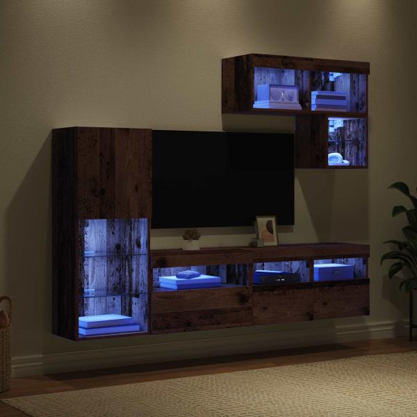 TV-Wandgeräte mit LED-Lichtleisten 6 pcs Altholz Holzwerkstoff
