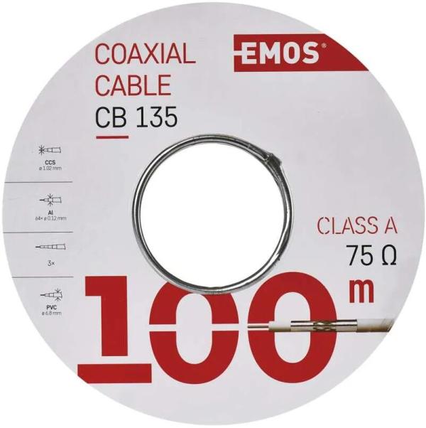 EMOS S5382 Koaxialkabel CB135, 3-fach geschirmt, Schirmabdeckung >28 %, Innenbereich, 100m Spule, weiß (2305135000)